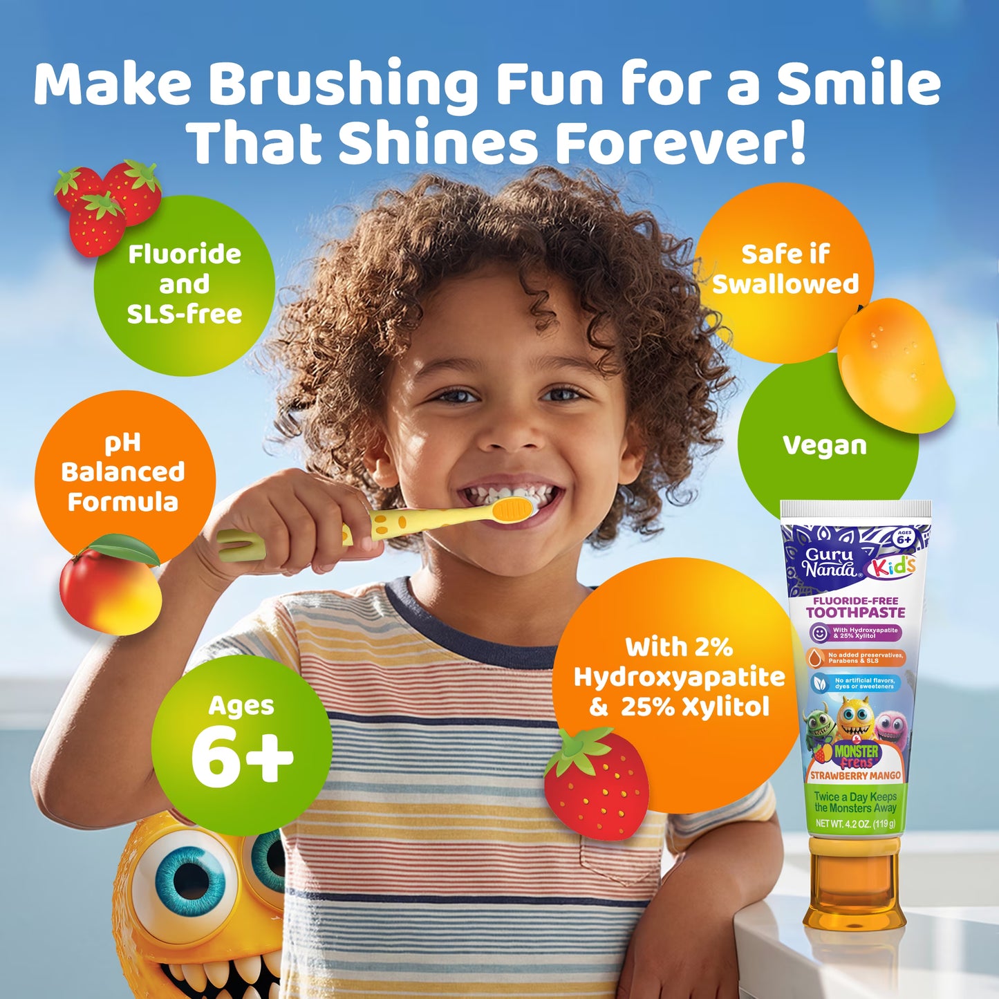 GuruNanda Kids Fluoride- Free Toothpaste with Xylitol & Hydroxyapatite - Mango Strawberry Flavor, 4.2 Oz